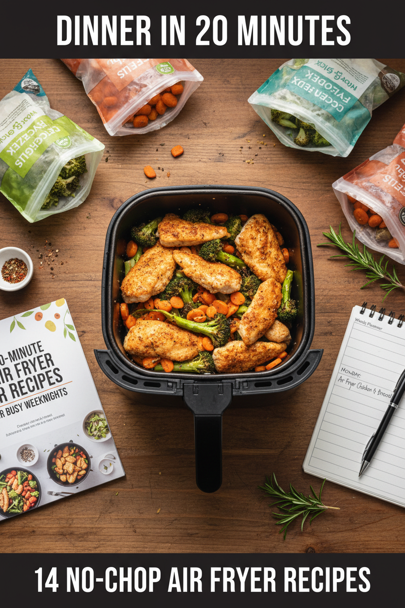 20-Minute Air Fryer Recipes for Busy Weeknights — styled flat lay with air fryer meal and recipe guide