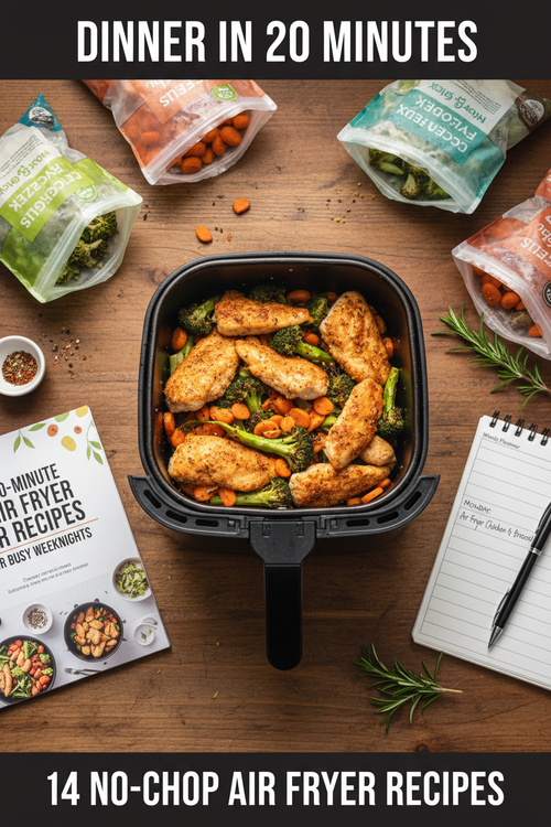 20-Minute Air Fryer Recipes for Busy Weeknights — styled flat lay with air fryer meal and recipe guide